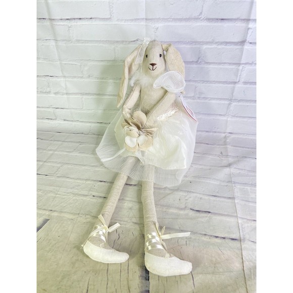 Hoppy Easter Shelf Sitter Ballerina Bunny Rabbit Doll Sitting White Beige Floral - Picture 1 of 12